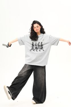 Women’s Vintage Blurry Portrait Print Short Sleeve T-Shirt - Summer Round Neck Loose Fit Couples Tee - 90s Inspired Fashion