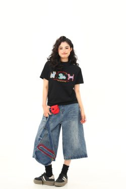 Women's Vintage Cartoon Dog Embroidery Shoulder T-Shirt, Slightly Loose Fit, Slimming Short Sleeve, Versatile Y2K Style