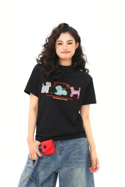 Women's Vintage Cartoon Dog Embroidery Shoulder T-Shirt, Slightly Loose Fit, Slimming Short Sleeve, Versatile Y2K Style