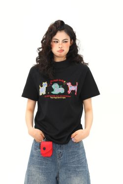 Women's Vintage Cartoon Dog Embroidery Shoulder T-Shirt, Slightly Loose Fit, Slimming Short Sleeve, Versatile Y2K Style