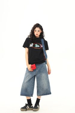 Women's Vintage Cartoon Dog Embroidery Shoulder T-Shirt, Slightly Loose Fit, Slimming Short Sleeve, Versatile Y2K Style