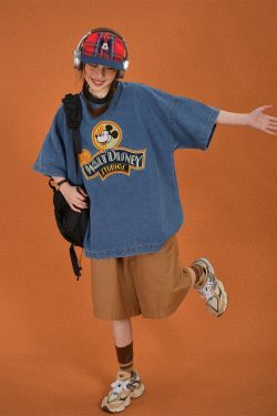 Women's Vintage Cartoon Embroidery Short Sleeve Denim T-Shirt - Loose Fit Round Neck Summer Top, Y2K Style