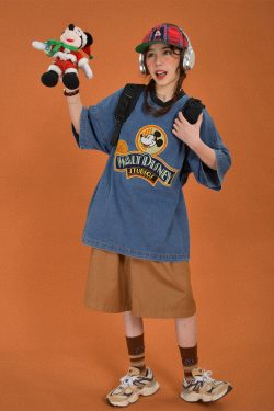 Women's Vintage Cartoon Embroidery Short Sleeve Denim T-Shirt - Loose Fit Round Neck Summer Top, Y2K Style