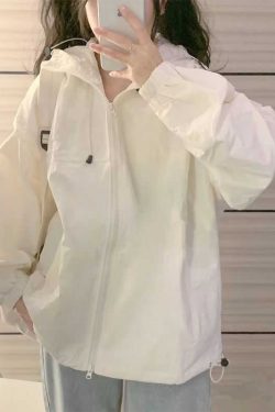 Women's Vintage Chic Lightweight White Sun Protection Jacket with Hood, Short Cardigan for Junior High and High School Students