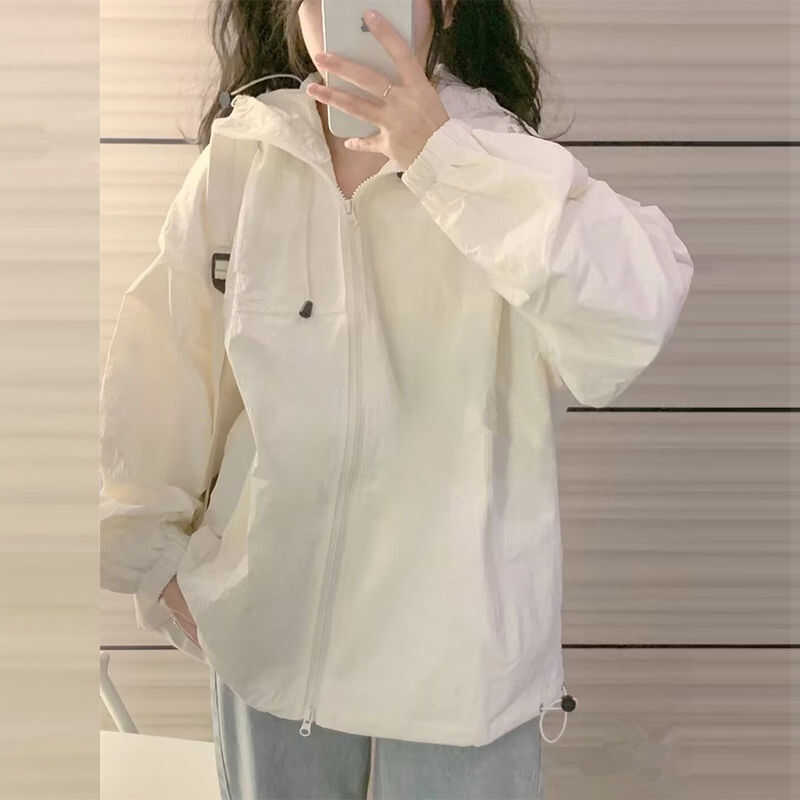 Women's Vintage Chic Lightweight White Sun Protection Jacket with Hood, Short Cardigan for Junior High and High School Students Women's Vintage Chic Lightweight White Sun Protection Jacket with Hood, Short Cardigan for Junior High and High School Students