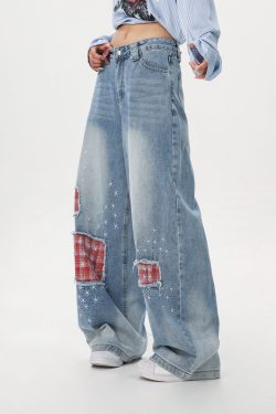 Women's Vintage Distressed Embroidered Denim Pants - Loose Straight Micro-Flare Wide-Leg Style, Team Captain Beer Graphic, 90s Casual Fashion