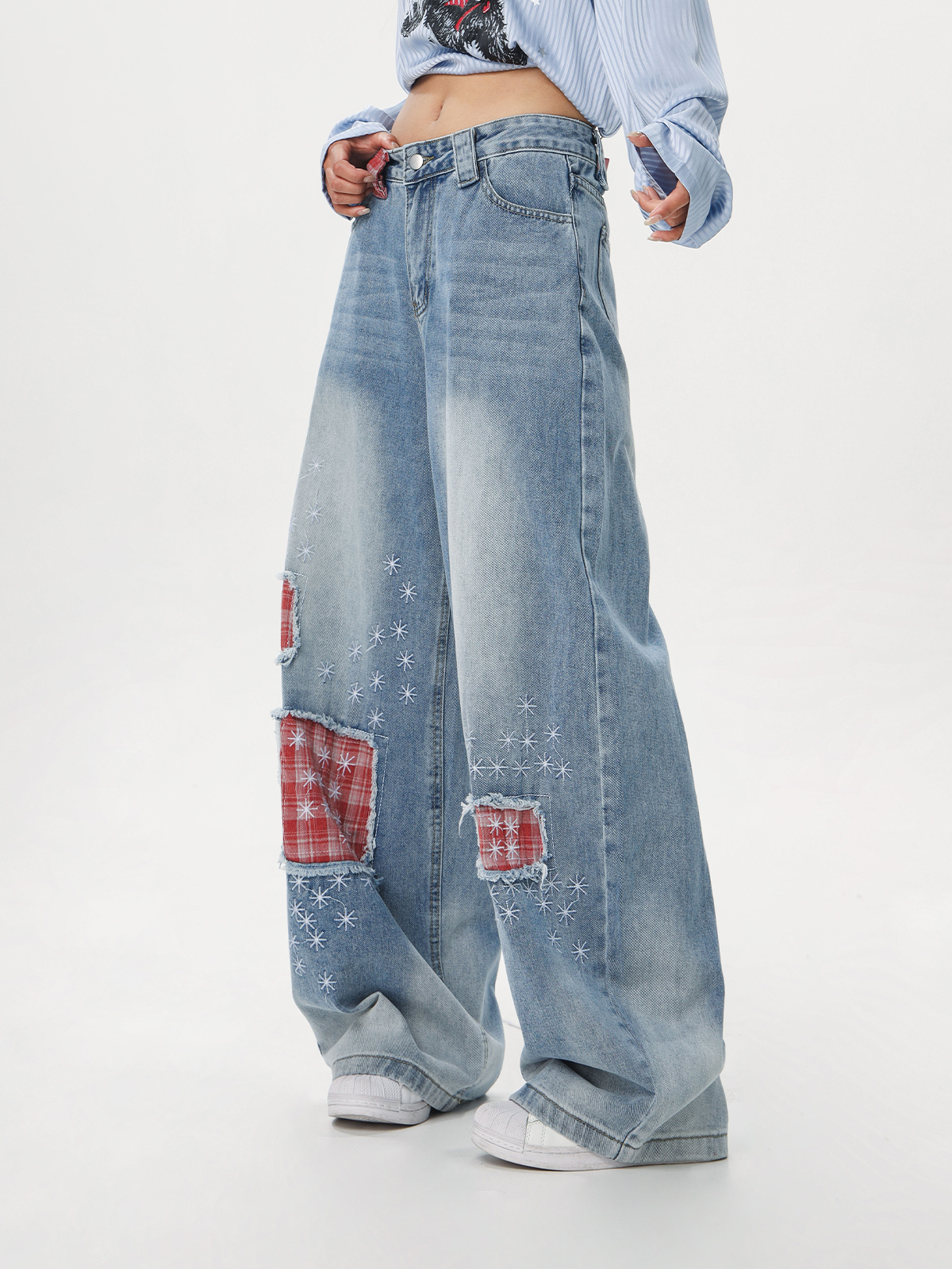Women's Vintage Distressed Embroidered Denim Pants - Loose Straight Micro-Flare Wide-Leg Style, Team Captain Beer Graphic, 90s Casual Fashion Women's Vintage Distressed Embroidered Denim Pants - Loose Straight Micro-Flare Wide-Leg Style, Team Captain Beer Graphic, 90s Casual Fashion