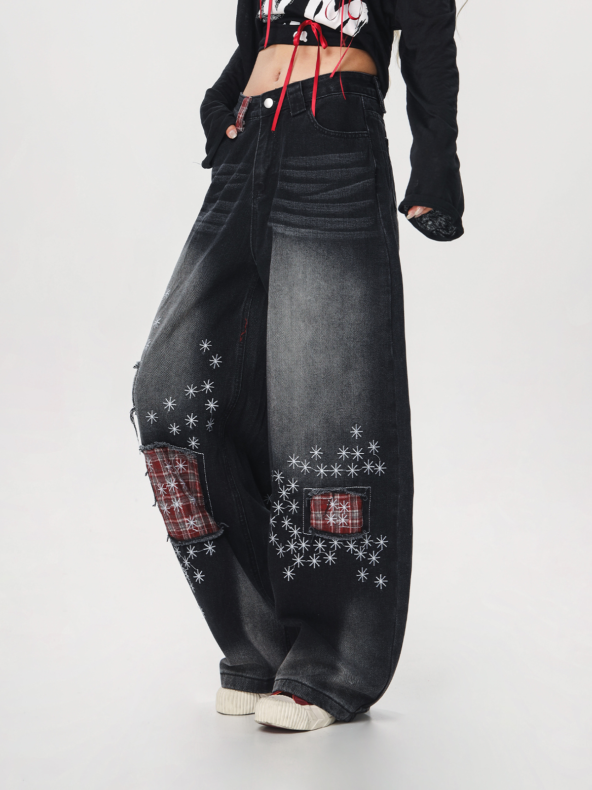 Women's Vintage Distressed Embroidered Denim Pants - Loose Straight Micro-Flare Wide-Leg Style, Team Captain Beer Graphic, 90s Casual Fashion Women's Vintage Distressed Embroidered Denim Pants - Loose Straight Micro-Flare Wide-Leg Style, Team Captain Beer Graphic, 90s Casual Fashion