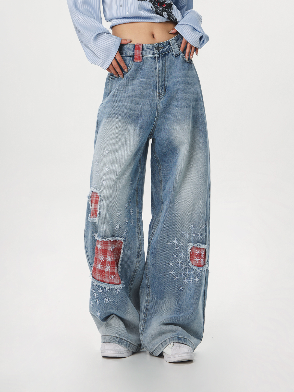 Women's Vintage Distressed Embroidered Denim Pants - Loose Straight Micro-Flare Wide-Leg Style, Team Captain Beer Graphic, 90s Casual Fashion Women's Vintage Distressed Embroidered Denim Pants - Loose Straight Micro-Flare Wide-Leg Style, Team Captain Beer Graphic, 90s Casual Fashion