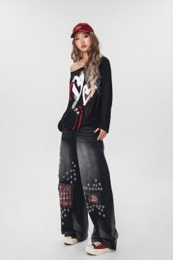 Women's Vintage Distressed Embroidered Denim Pants - Loose Straight Micro-Flare Wide-Leg Style, Team Captain Beer Graphic, 90s Casual Fashion