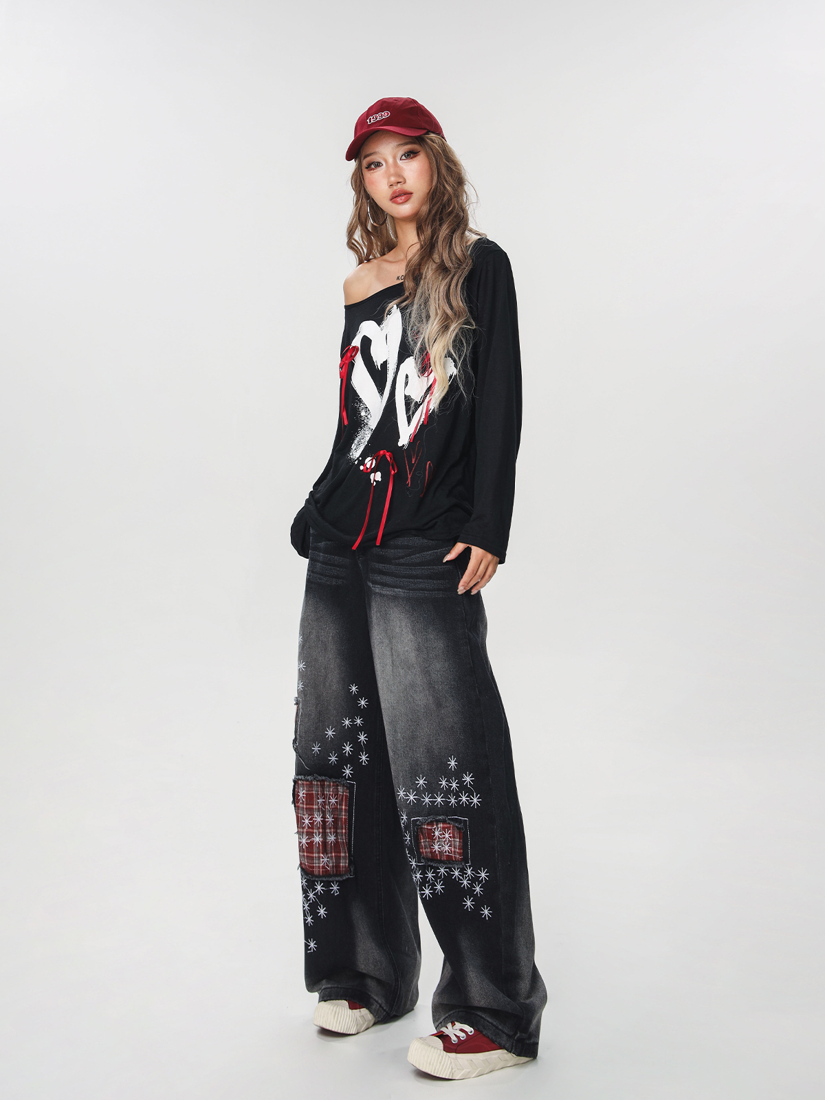 Women's Vintage Distressed Embroidered Denim Pants - Loose Straight Micro-Flare Wide-Leg Style, Team Captain Beer Graphic, 90s Casual Fashion Women's Vintage Distressed Embroidered Denim Pants - Loose Straight Micro-Flare Wide-Leg Style, Team Captain Beer Graphic, 90s Casual Fashion