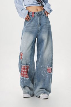 Women's Vintage Distressed Embroidered Denim Pants - Loose Straight Micro-Flare Wide-Leg Style, Team Captain Beer Graphic, 90s Casual Fashion