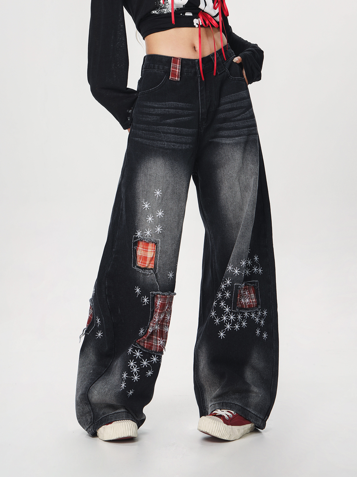 Women's Vintage Distressed Embroidered Denim Pants - Loose Straight Micro-Flare Wide-Leg Style, Team Captain Beer Graphic, 90s Casual Fashion Women's Vintage Distressed Embroidered Denim Pants - Loose Straight Micro-Flare Wide-Leg Style, Team Captain Beer Graphic, 90s Casual Fashion