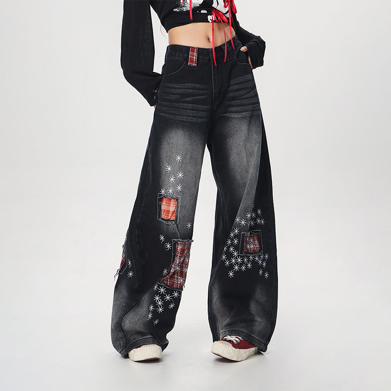 Women's Vintage Distressed Embroidered Denim Pants - Loose Straight Micro-Flare Wide-Leg Style, Team Captain Beer Graphic, 90s Casual Fashion Women's Vintage Distressed Embroidered Denim Pants - Loose Straight Micro-Flare Wide-Leg Style, Team Captain Beer Graphic, 90s Casual Fashion