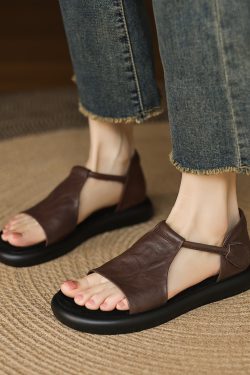 Women's Vintage French Thick-Soled Roman Sandals - Non-Luxury Genuine Leather Open-Toe Round Toe Summer 2025 Footwear