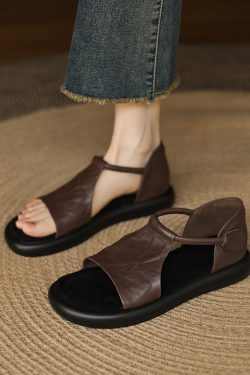 Women's Vintage French Thick-Soled Roman Sandals - Non-Luxury Genuine Leather Open-Toe Round Toe Summer 2025 Footwear