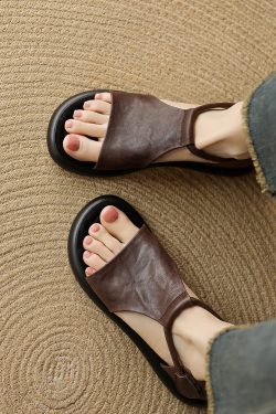 Women's Vintage French Thick-Soled Roman Sandals - Non-Luxury Genuine Leather Open-Toe Round Toe Summer 2025 Footwear