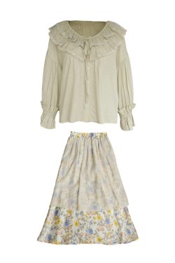 Women's Vintage Green Ruffled Linen Shirt and Floral A-Line Skirt Set - Summer Fashion, Boho Style, Perfect for 90s Inspired Looks