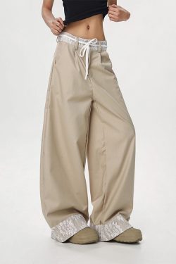 Women's Vintage Khaki Lace Splicing Work Pants - Casual Straight Micro-Flare Wide-Leg Trousers for Y2K Style