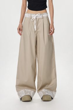 Women's Vintage Khaki Lace Splicing Work Pants - Casual Straight Micro-Flare Wide-Leg Trousers for Y2K Style