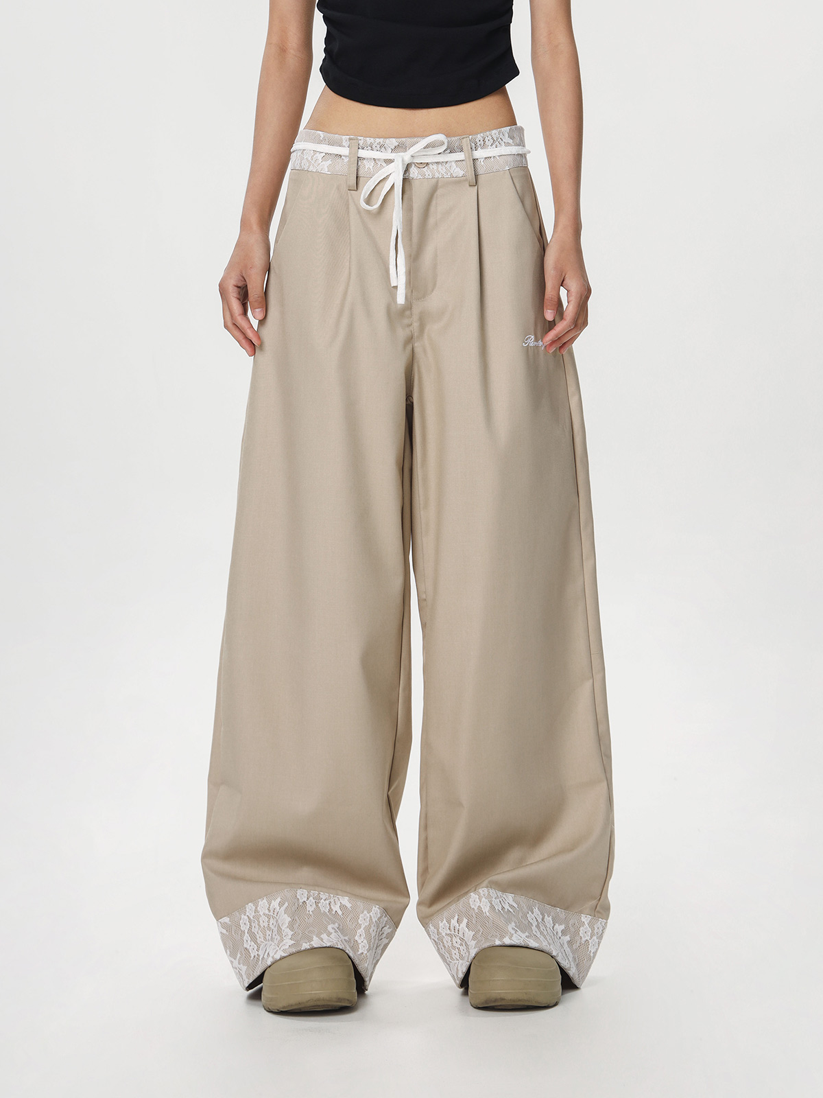 Women's Vintage Khaki Lace Splicing Work Pants - Casual Straight Micro-Flare Wide-Leg Trousers for Y2K Style Women's Vintage Khaki Lace Splicing Work Pants - Casual Straight Micro-Flare Wide-Leg Trousers for Y2K Style