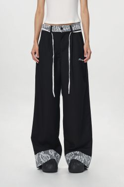 Women's Vintage Khaki Lace Splicing Work Pants - Casual Straight Micro-Flare Wide-Leg Trousers for Y2K Style