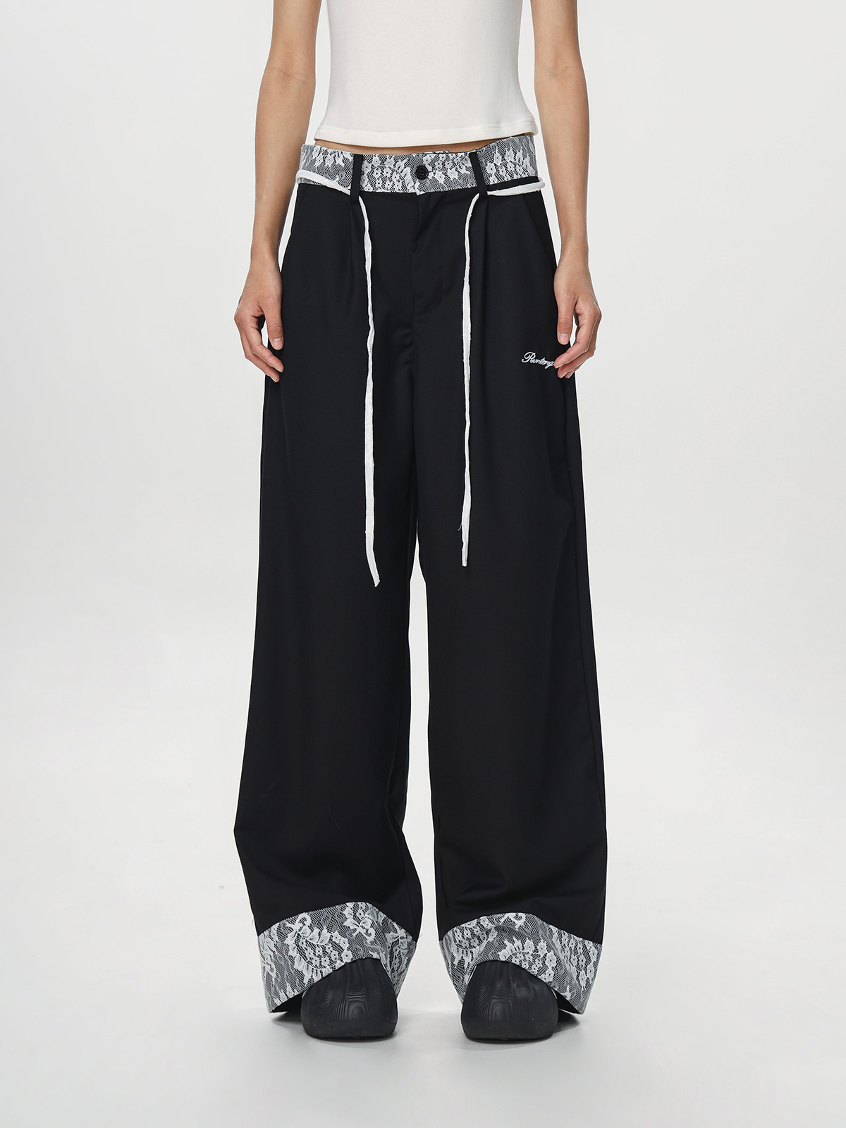 Women's Vintage Khaki Lace Splicing Work Pants - Casual Straight Micro-Flare Wide-Leg Trousers for Y2K Style Women's Vintage Khaki Lace Splicing Work Pants - Casual Straight Micro-Flare Wide-Leg Trousers for Y2K Style