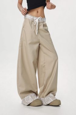 Women's Vintage Khaki Lace Splicing Work Pants - Casual Straight Micro-Flare Wide-Leg Trousers for Y2K Style