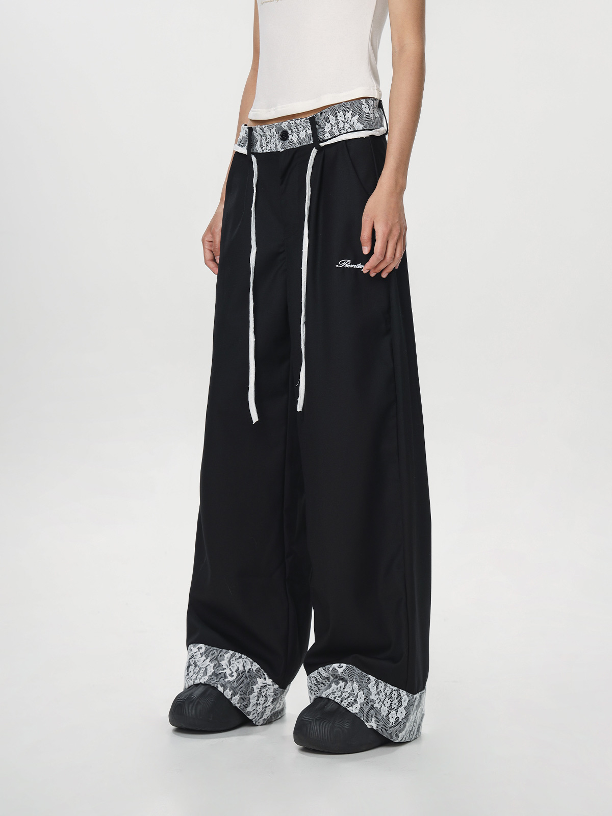 Women's Vintage Khaki Lace Splicing Work Pants - Casual Straight Micro-Flare Wide-Leg Trousers for Y2K Style Women's Vintage Khaki Lace Splicing Work Pants - Casual Straight Micro-Flare Wide-Leg Trousers for Y2K Style