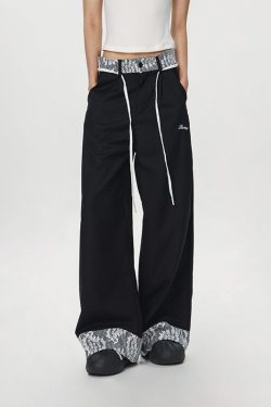 Women's Vintage Khaki Lace Splicing Work Pants - Casual Straight Micro-Flare Wide-Leg Trousers for Y2K Style