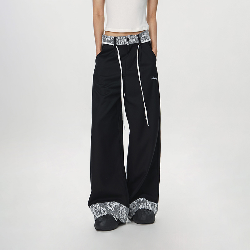 Women's Vintage Khaki Lace Splicing Work Pants - Casual Straight Micro-Flare Wide-Leg Trousers for Y2K Style Women's Vintage Khaki Lace Splicing Work Pants - Casual Straight Micro-Flare Wide-Leg Trousers for Y2K Style