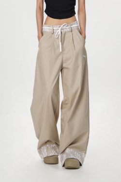 Women's Vintage Khaki Lace Splicing Work Pants - Casual Straight Micro-Flare Wide-Leg Trousers for Y2K Style