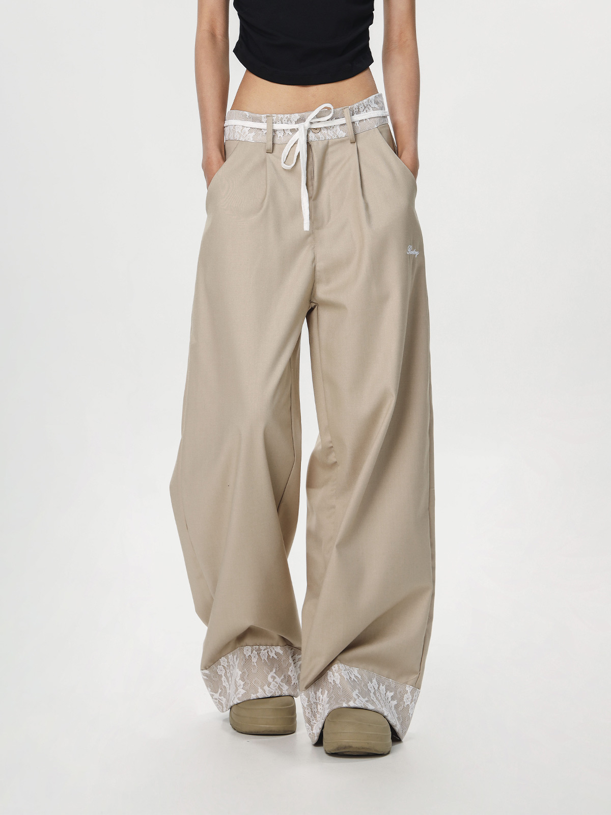 Women's Vintage Khaki Lace Splicing Work Pants - Casual Straight Micro-Flare Wide-Leg Trousers for Y2K Style Women's Vintage Khaki Lace Splicing Work Pants - Casual Straight Micro-Flare Wide-Leg Trousers for Y2K Style