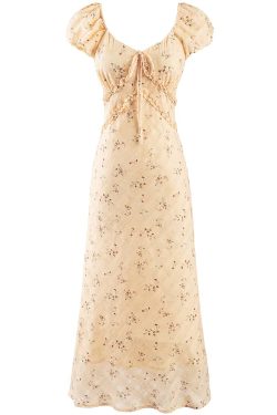 Women's Vintage Lace-Up Yellow Floral Long Dress - 2025 Summer Vacation Style, Boho Chic, French Inspired Fashion