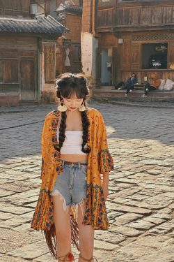 Women's Vintage Printed Cardigan for Thailand Travel - Sun Protection Clothing for Beach Outings and Casual Outfits