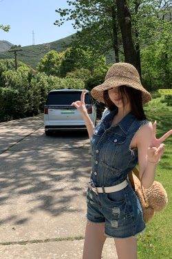 Women's Vintage Ripped Denim Jumpsuit - Summer Stylish Slimming Cool Sister Look, 90s Inspired Fashion