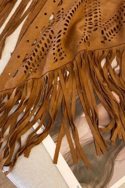Women's Vintage Western Cowboy Style Suede Fringe Hollow-Out Vest for Travel - Boho Chic, Festival Ready