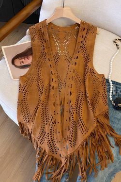 Women's Vintage Western Cowboy Style Suede Fringe Hollow-Out Vest for Travel - Boho Chic, Festival Ready