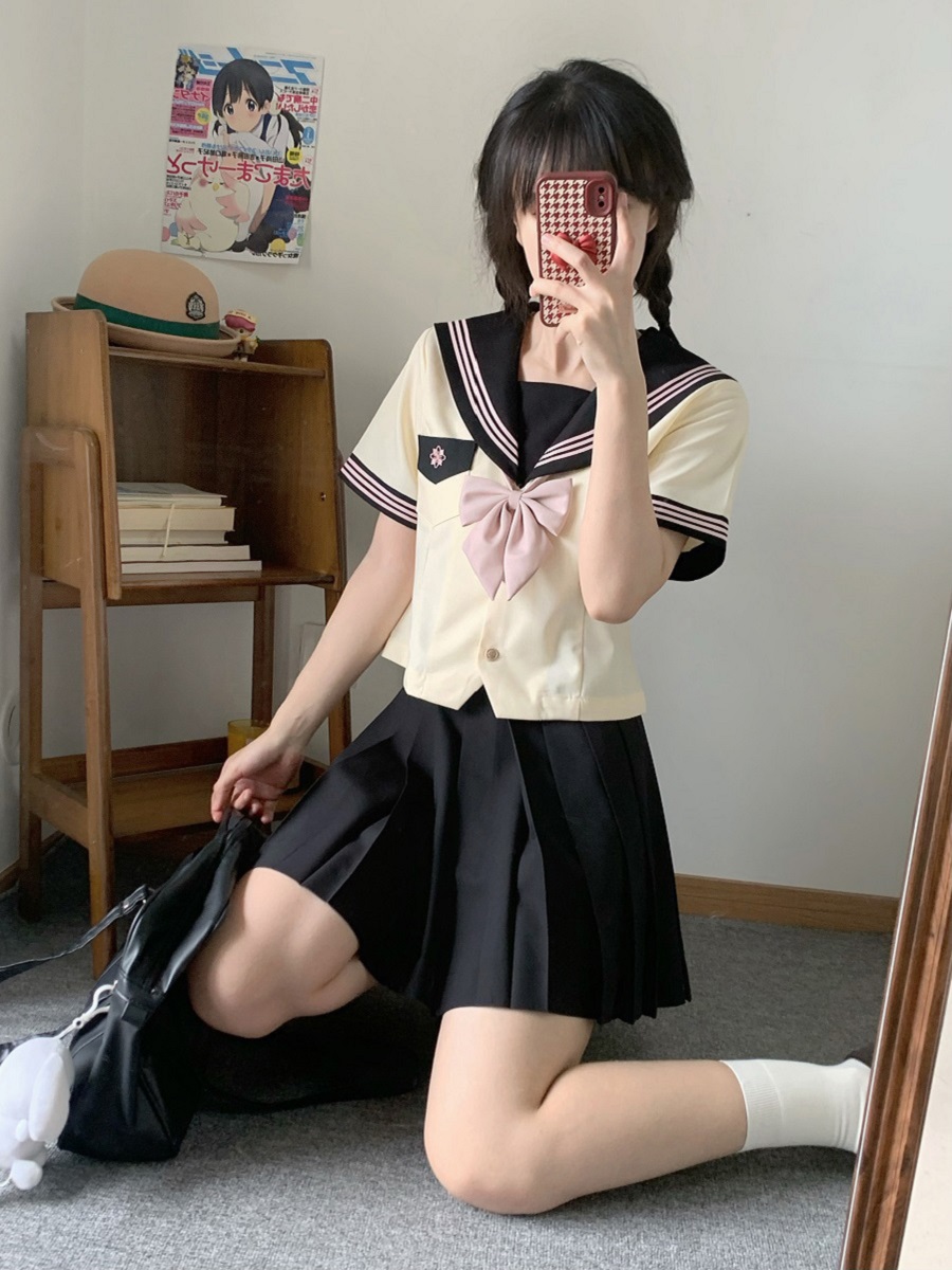 Women's Waist-Defined Sailor Suit Uniform Set - Camellia & Book Custard Short Sleeve College Style Summer Fashion Women's Waist-Defined Sailor Suit Uniform Set - Camellia & Book Custard Short Sleeve College Style Summer Fashion