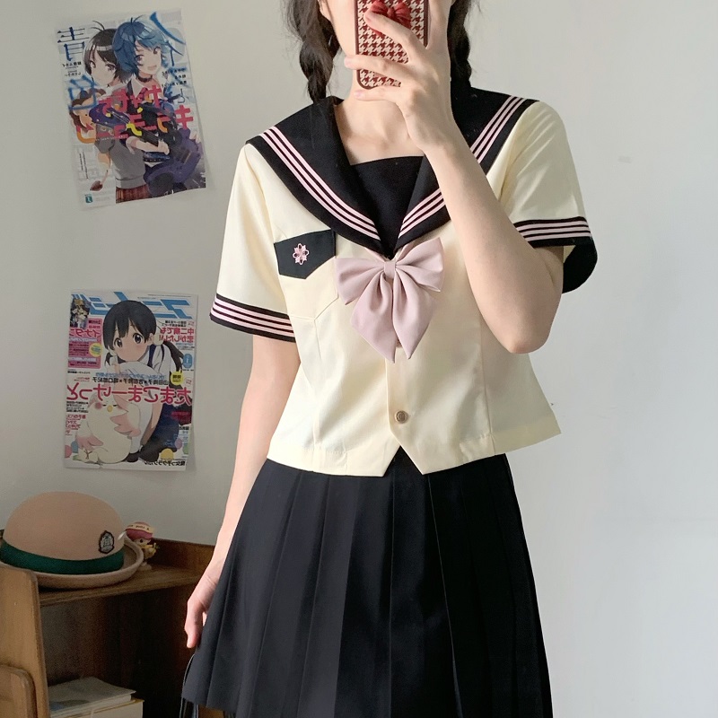 Women's Waist-Defined Sailor Suit Uniform Set - Camellia & Book Custard Short Sleeve College Style Summer Fashion Women's Waist-Defined Sailor Suit Uniform Set - Camellia & Book Custard Short Sleeve College Style Summer Fashion