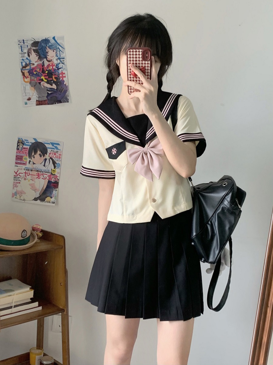 Women's Waist-Defined Sailor Suit Uniform Set - Camellia & Book Custard Short Sleeve College Style Summer Fashion Women's Waist-Defined Sailor Suit Uniform Set - Camellia & Book Custard Short Sleeve College Style Summer Fashion