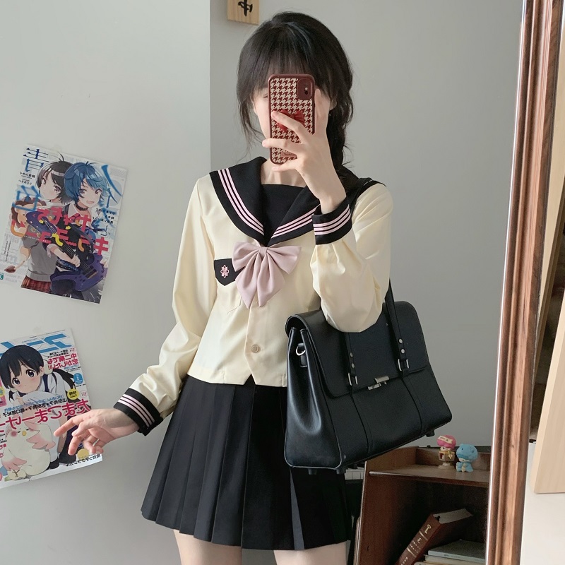 Women's Waist-Defined Sailor Suit Uniform Set - Camellia & Book Custard Short Sleeve College Style Summer Fashion Women's Waist-Defined Sailor Suit Uniform Set - Camellia & Book Custard Short Sleeve College Style Summer Fashion