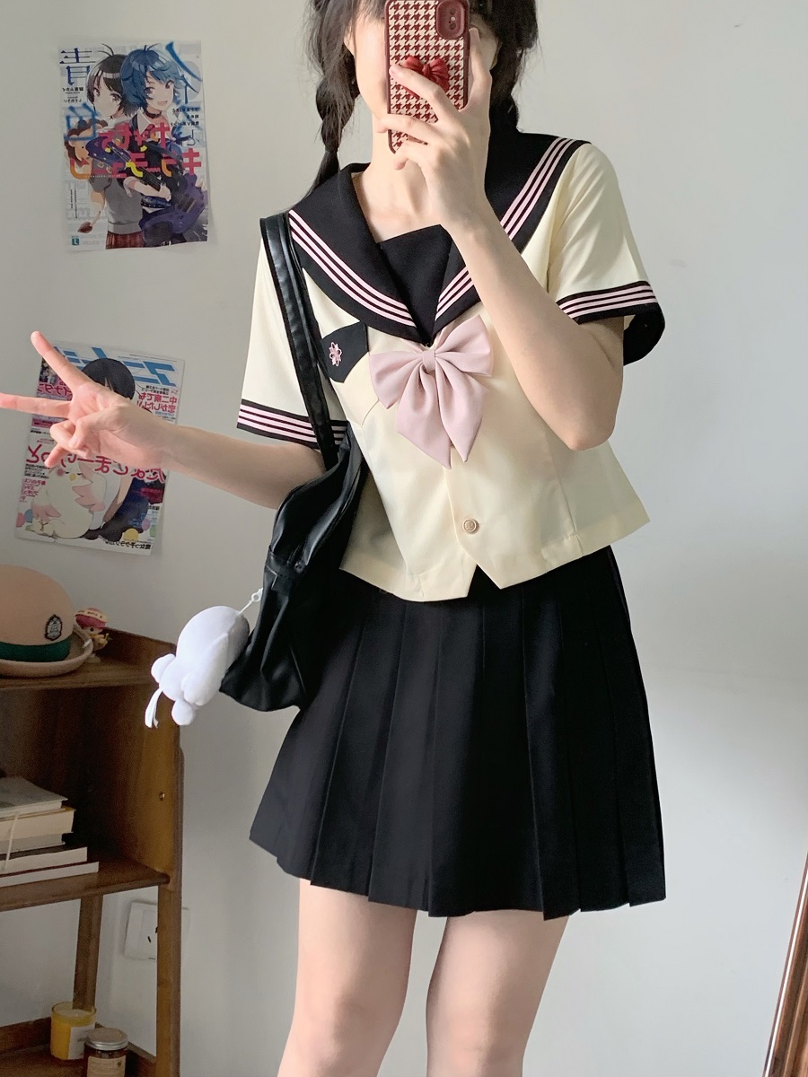 Women's Waist-Defined Sailor Suit Uniform Set - Camellia & Book Custard Short Sleeve College Style Summer Fashion Women's Waist-Defined Sailor Suit Uniform Set - Camellia & Book Custard Short Sleeve College Style Summer Fashion
