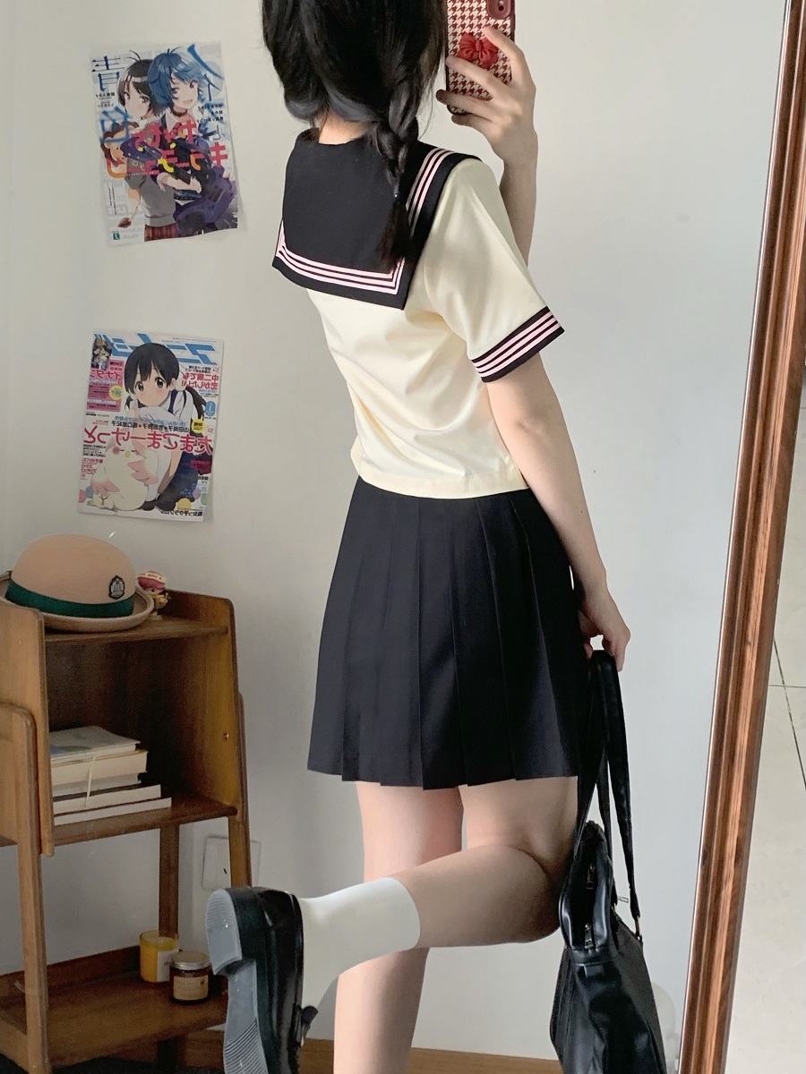 Women's Waist-Defined Sailor Suit Uniform Set - Camellia & Book Custard Short Sleeve College Style Summer Fashion Women's Waist-Defined Sailor Suit Uniform Set - Camellia & Book Custard Short Sleeve College Style Summer Fashion