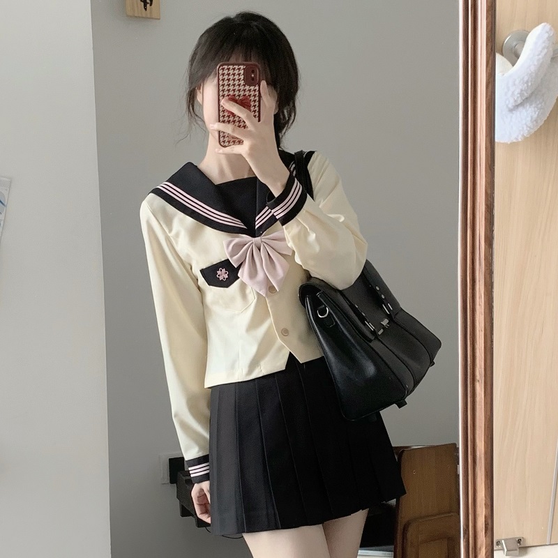 Women's Waist-Defined Sailor Suit Uniform Set - Camellia & Book Custard Short Sleeve College Style Summer Fashion Women's Waist-Defined Sailor Suit Uniform Set - Camellia & Book Custard Short Sleeve College Style Summer Fashion