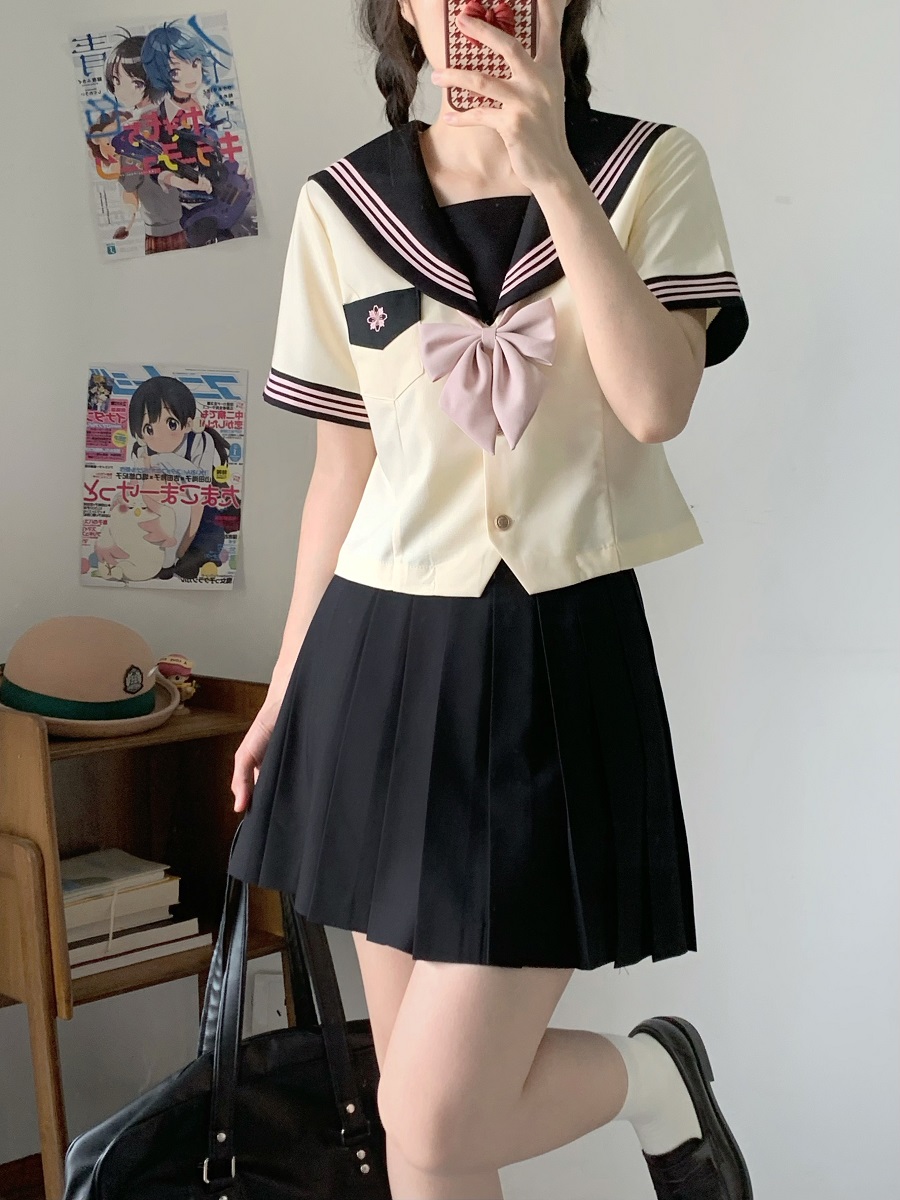 Women's Waist-Defined Sailor Suit Uniform Set - Camellia & Book Custard Short Sleeve College Style Summer Fashion Women's Waist-Defined Sailor Suit Uniform Set - Camellia & Book Custard Short Sleeve College Style Summer Fashion