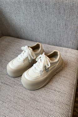 Women's White Casual Sneakers - Lace-Up Genuine Leather Thick Sole - Versatile 2025 Spring Style Bread Shoes