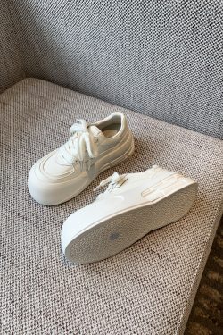 Women's White Casual Sneakers - Lace-Up Genuine Leather Thick Sole - Versatile 2025 Spring Style Bread Shoes