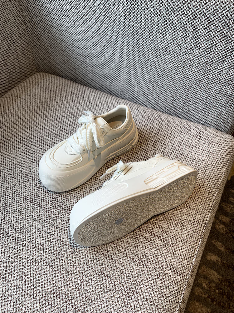 Women's White Casual Sneakers - Lace-Up Genuine Leather Thick Sole - Versatile 2025 Spring Style Bread Shoes Women's White Casual Sneakers - Lace-Up Genuine Leather Thick Sole - Versatile 2025 Spring Style Bread Shoes