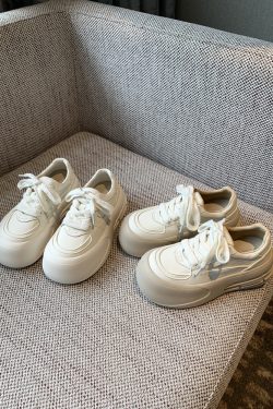 Women's White Casual Sneakers - Lace-Up Genuine Leather Thick Sole - Versatile 2025 Spring Style Bread Shoes